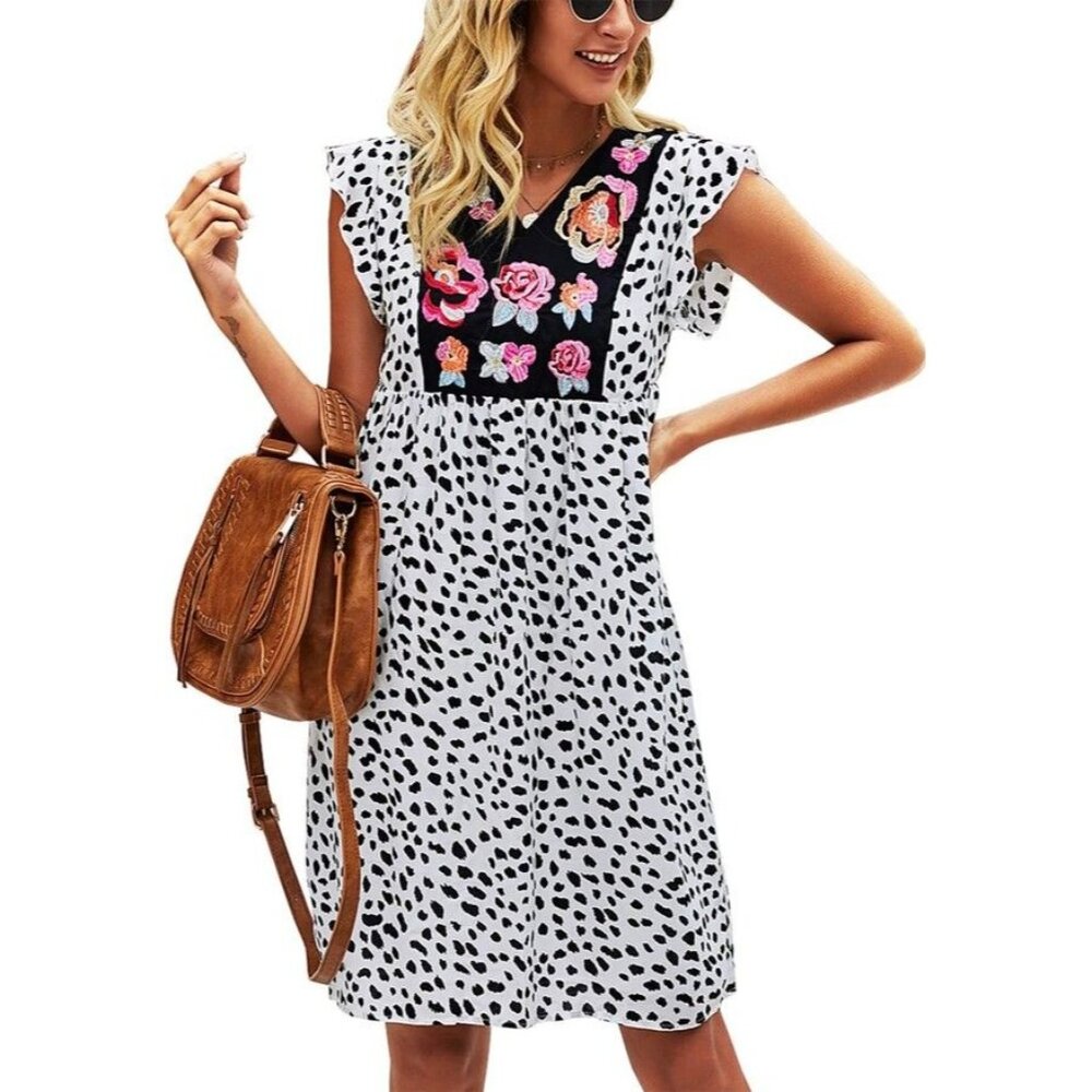 Kirundo Animal Print Embroidered Mini Dress‎ Womens S White Grannycore Cottage